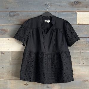 Halston Eyelet Short Sleeves Peasant Cotton Shirt Blouse Black Boho